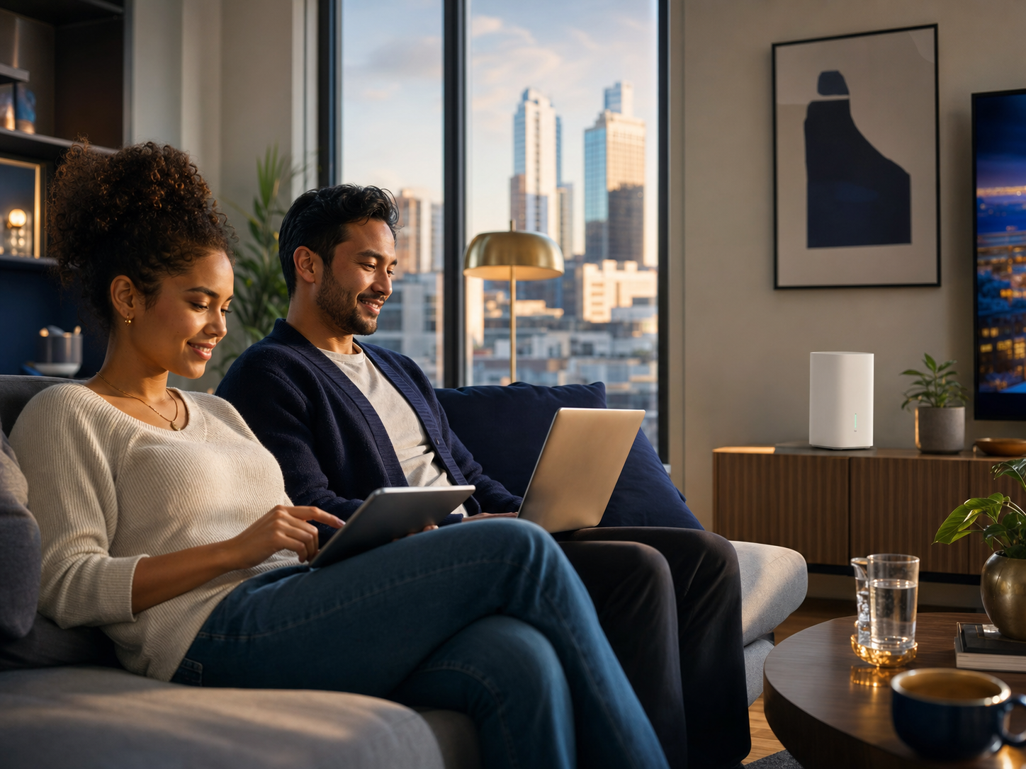 Travelers planning a trip with their devices connected